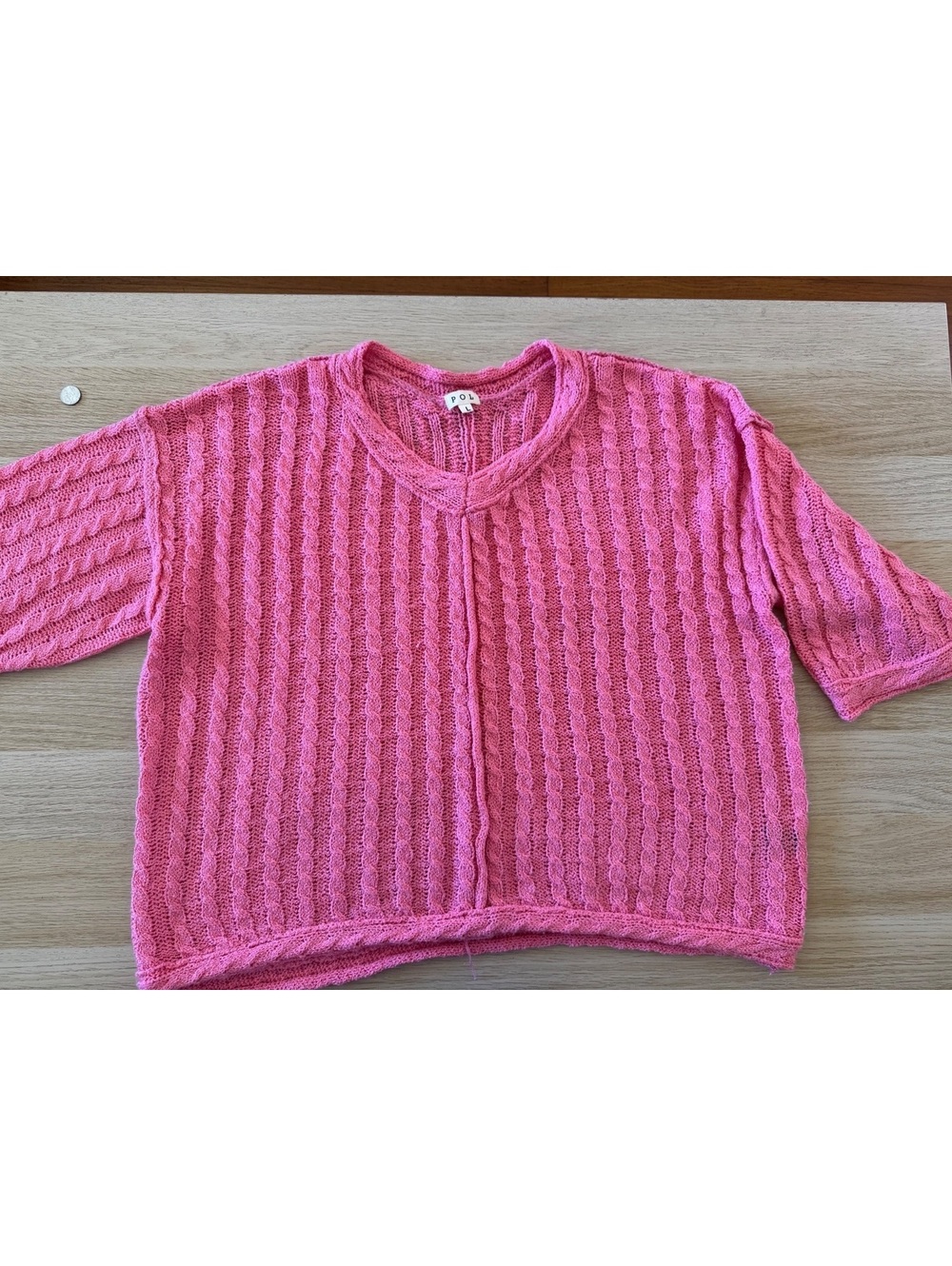 POL Pink Cable Knit Sweater - Oversized Slouchy V-Neck (Size Large)